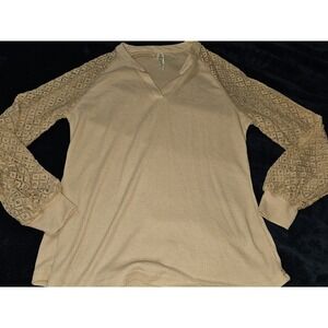 B. Collection Beige Waffle Knit Top Crochet Lace Long Sleeve Split V-Neck Medium